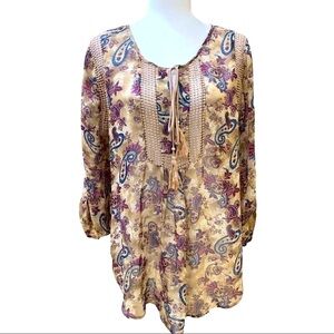 Daniel Rainn Boho Paisley Peasant Blouse 3/4 Sleeve Tan, Teal, Purple Sz L